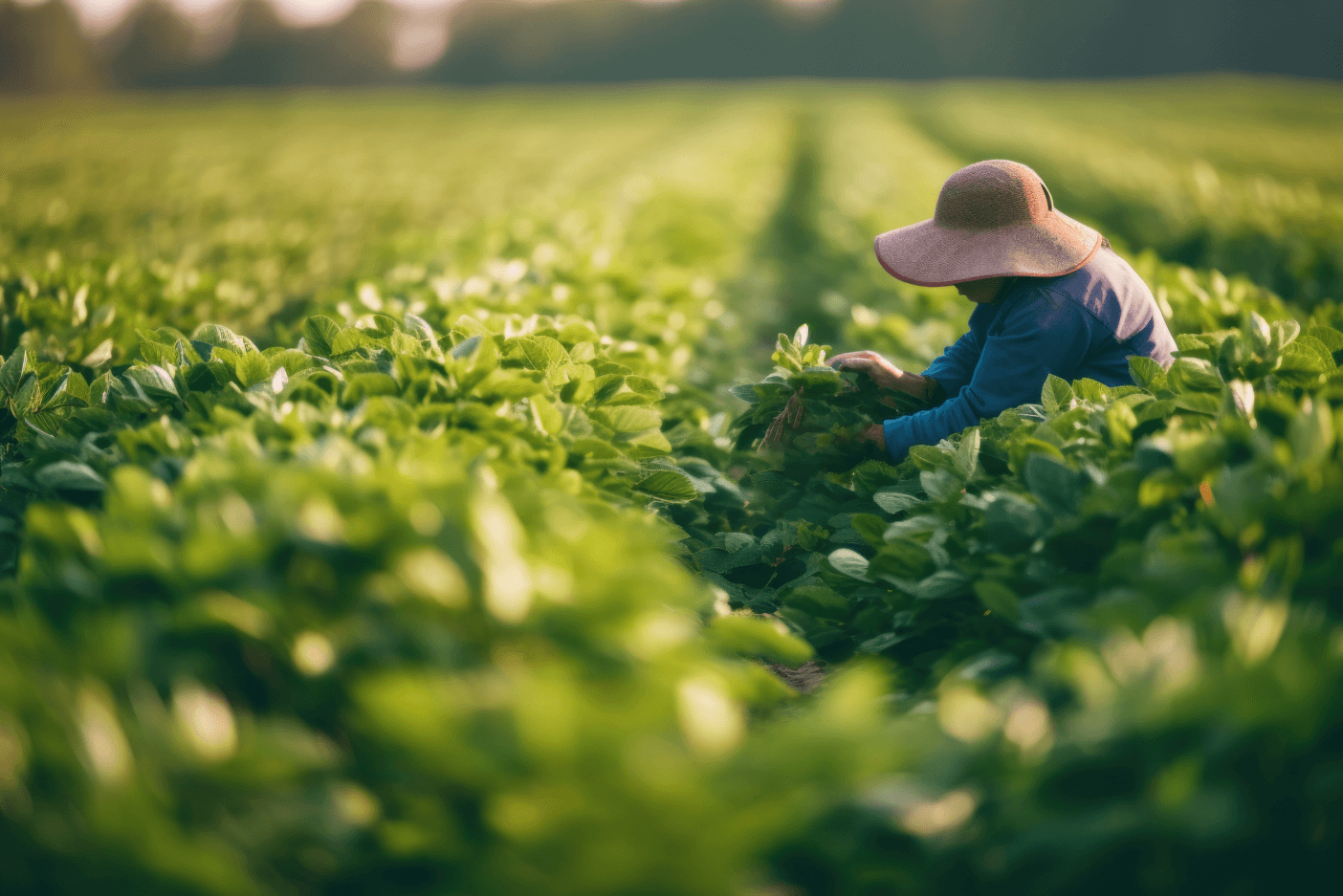 A imagem mostra uma pessoa com chapéu de abas largas trabalhando em um vasto campo de soja. A luz suave do sol cria um ambiente tranquilo, destacando as folhas e o trabalho manual entre as fileiras de cultivo.